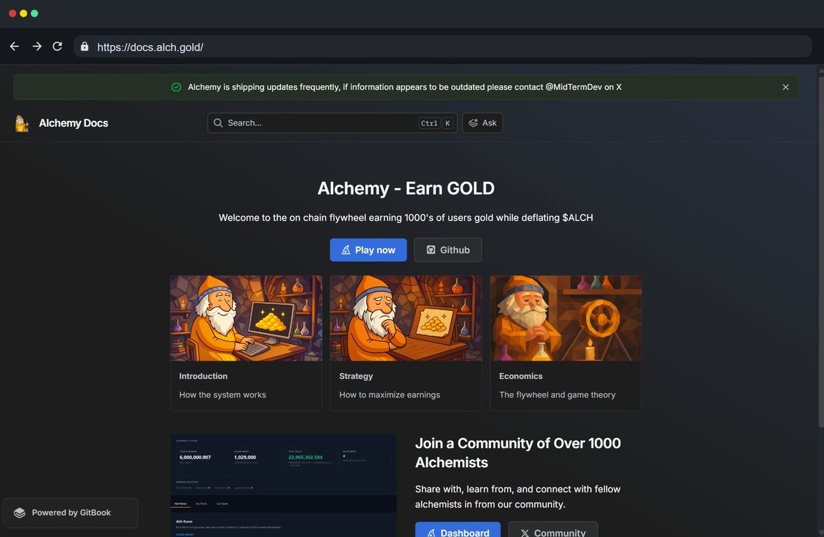 MidTermDev's tweet image. 📜 Alchemy Changelog

We've had a lot of changes over the past 24 hours which were spread over many tweets. Here is a condensed version.

1.) Docs
Documentation for the game and mechanics of our rewards has been created. They're an ongoing development subject to change as we…