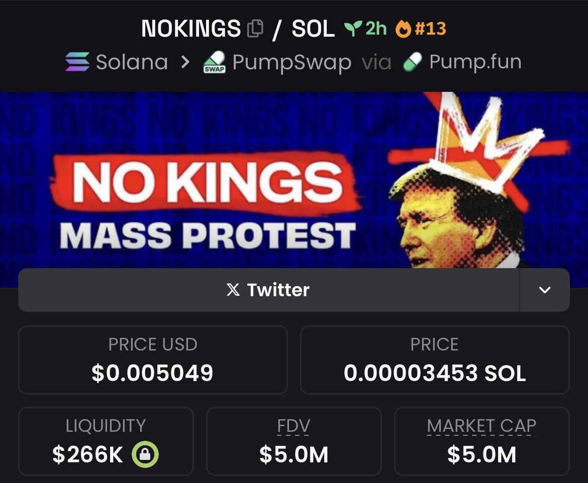 Last #NoKings day went crazy… and the next one’s lining up to be even bigger 👀

What are the odds we see a repeat performance here?

Currently sitting at 25k… 

dexscreener.com/solana/8hptdkq…
