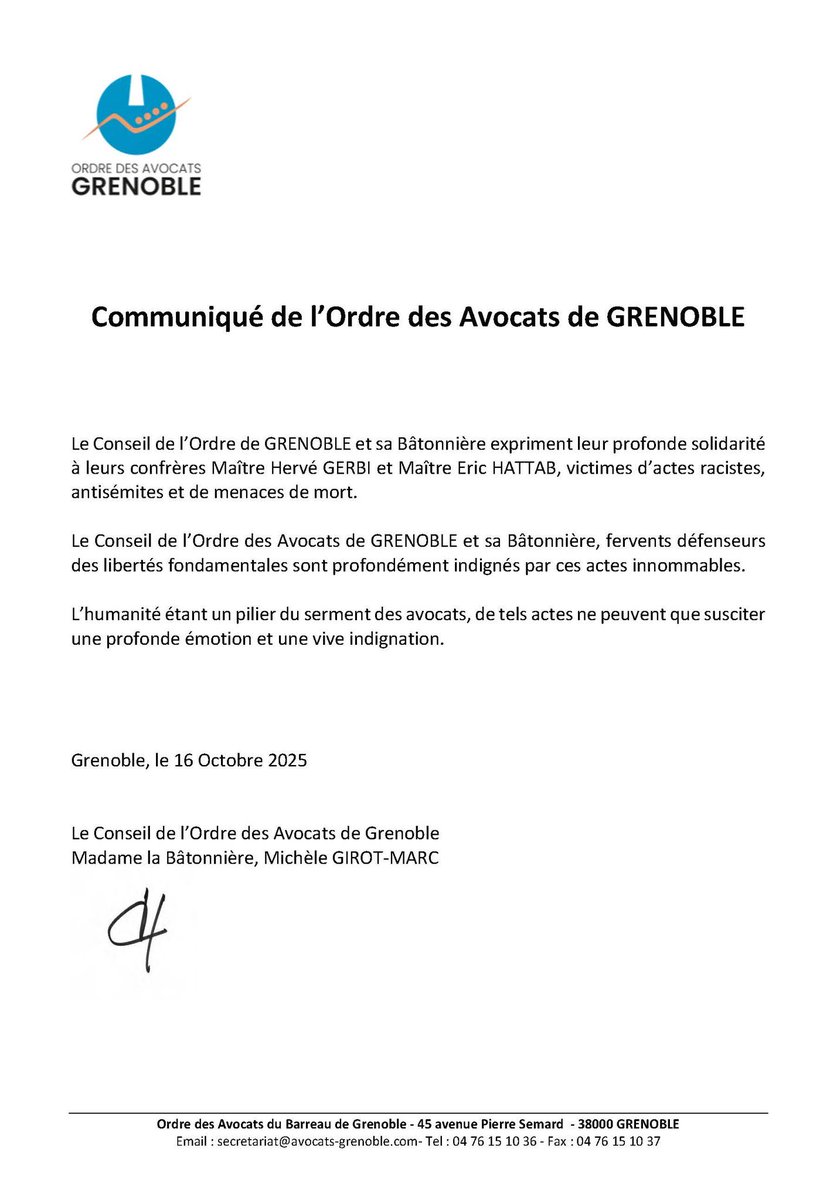 Le Barreau de Versailles apporte son soutien aux avocats du Barreau de Grenoble victimes de menaces de mort antisémites inacceptables.

<a href="/AvocatsGrenoble/">Avocats de Grenoble</a> <a href="/CNBarreaux/">Conseil national des barreaux - les avocats</a> <a href="/Conf_Batonniers/">ConférenceBâtonniers</a>