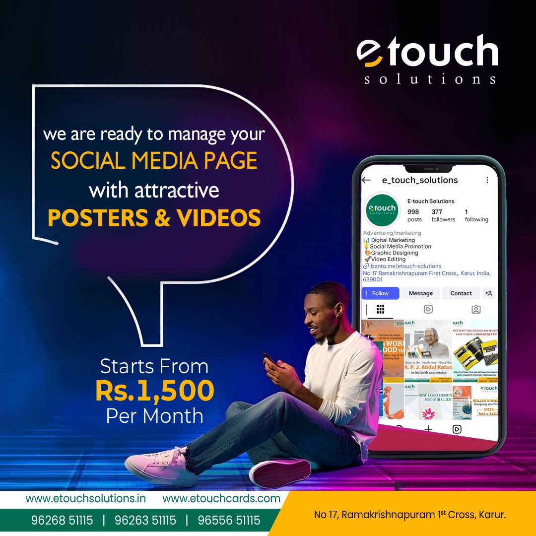 EtouchS89870's tweet image. 📱 Boost your brand online with E-touch Solutions — social media management, attractive posters, and engaging videos starting at just ₹1,500/month! 🚀 

#EtouchSolutions #SocialMediaMarketing #DigitalGrowth