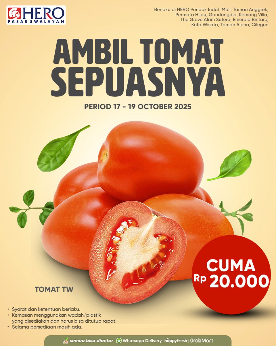 katalogpromosi's tweet image. 🔥 Ambil TOMAT TW sepuasnya cuma Rp 20.000 di HERO Pasar Swalayan 🛒

Langsung meluncur yuk sebelum habis 👉 katalogpromosi.com/promo-hero-amb…
#HeroSupermarket #PromoTomat #PromoWeekend