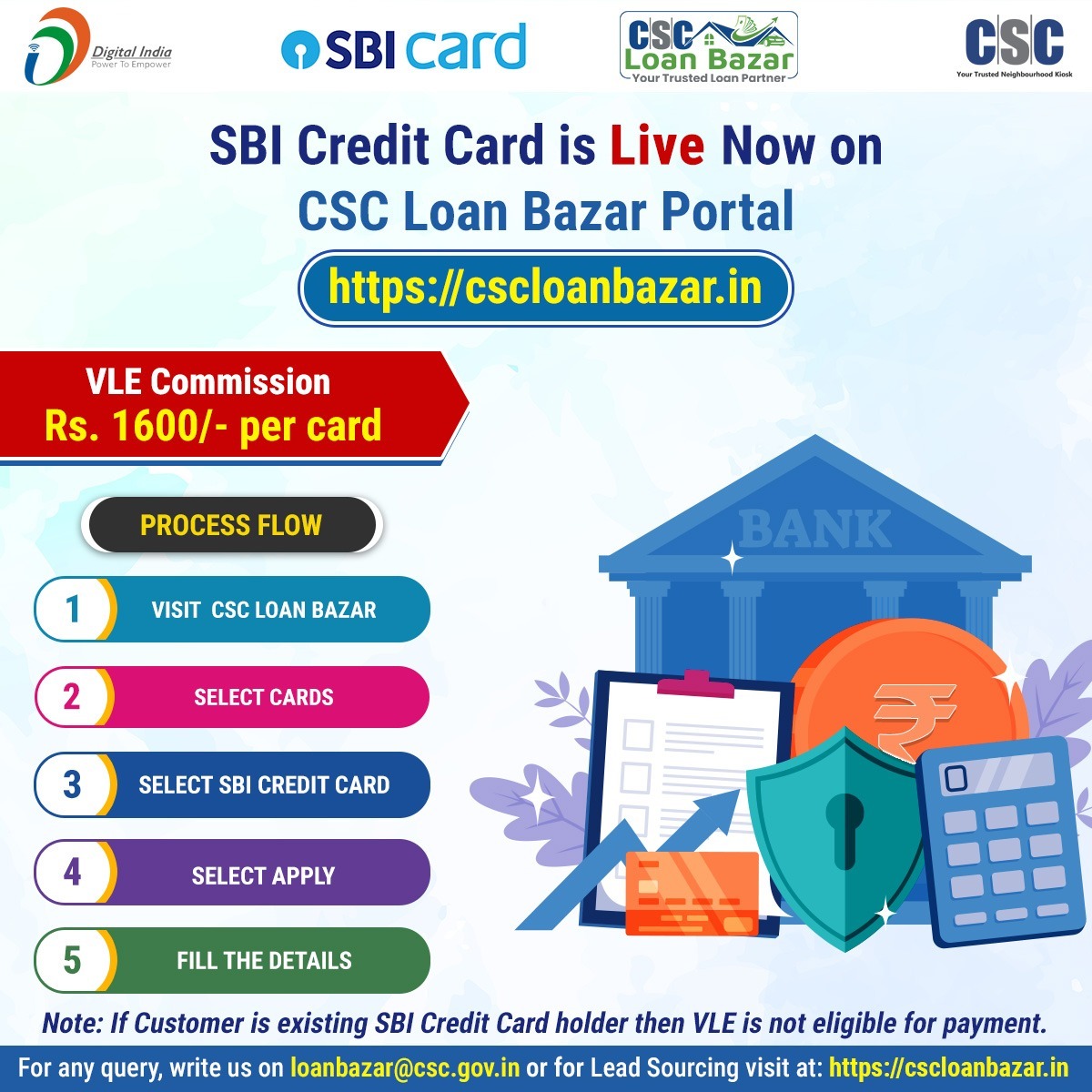 CSCegov_'s tweet image. SBI Credit Card is Live Now on CSC Loan Bazar Portal...
VLE Commission👉 Rs. 1600/- per card
To Register, visit: cscloanbazar.in
For any query, write us on loanbazar@csc.gov.in
#CSC #CSCLoanBazar #SBI #SBICreditCard #DigitalIndia #CSCFinancialService…