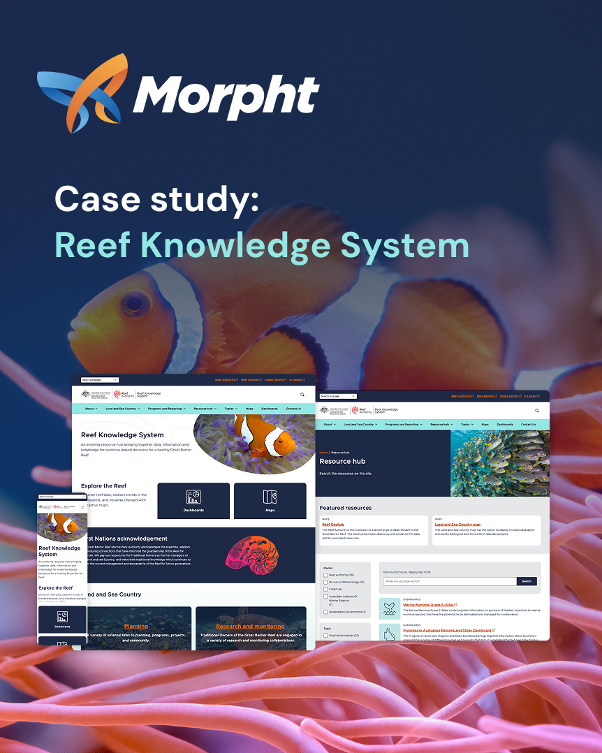 morphtmedia's tweet image. 🌊 The Reef Knowledge System has been rebuilt with GovCMS Convivial to help protect the Great Barrier Reef. Now with personalisation, improved search & accessible design.
Explore: morpht.com/work/rks
#Drupal #GovCMS #UX #Accessibility #GreatBarrierReef #Morpht