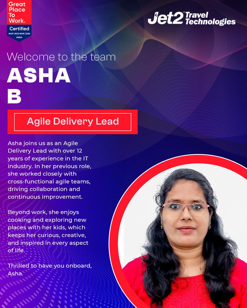 Jet2Travel_Tech's tweet image. Welcoming Asha to the Jet2TT family as our new Agile Delivery Lead! Her expertise in fostering collaboration and driving continuous improvement makes her a fantastic addition to the team. Looking forward to the impact you’ll make.

#WelcomeAboard #AgileDeliveryLead #Jet2TT
