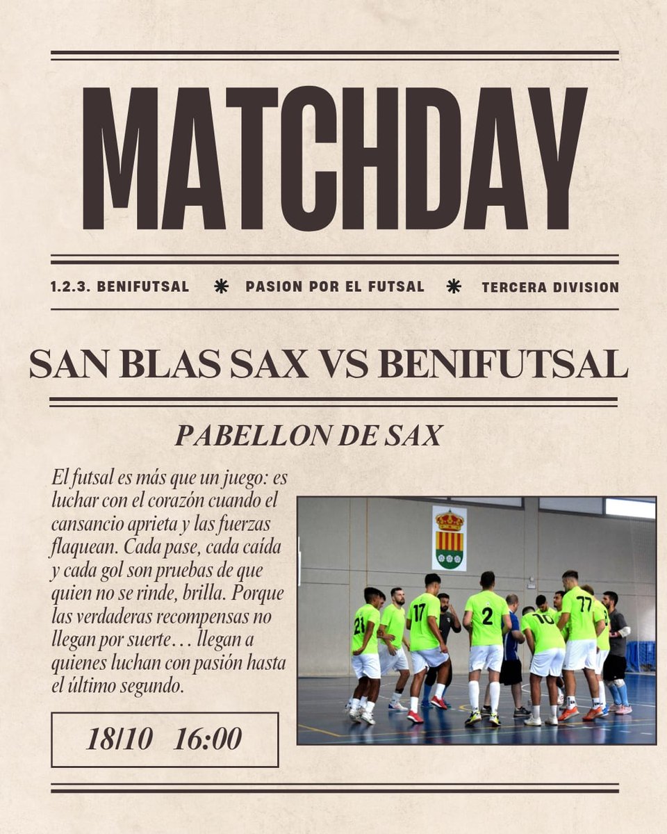 📢 PARTIDO IMPORTANTE ⚽
Este sábado 18, a las 16:00 h, nos enfrentamos a San Blas Sax.
Un partido que jugaremos con el corazón y con garra, porque vamos a luchar a muerte por los tres puntos 💪🔥sax