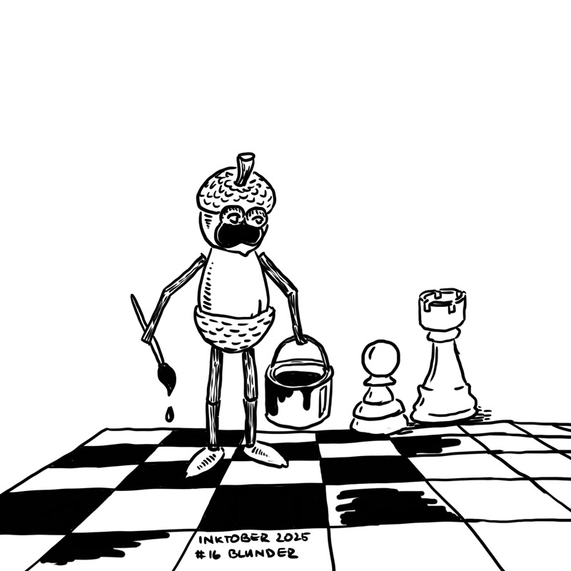 Vaclavek's tweet image. Včerejší #Inktober téma bylo #BLUNDER (chyba, bota, omyl) a syn říkal, že se to hodně používá v šachách, tak jsem udělal jeden šachový blunder.