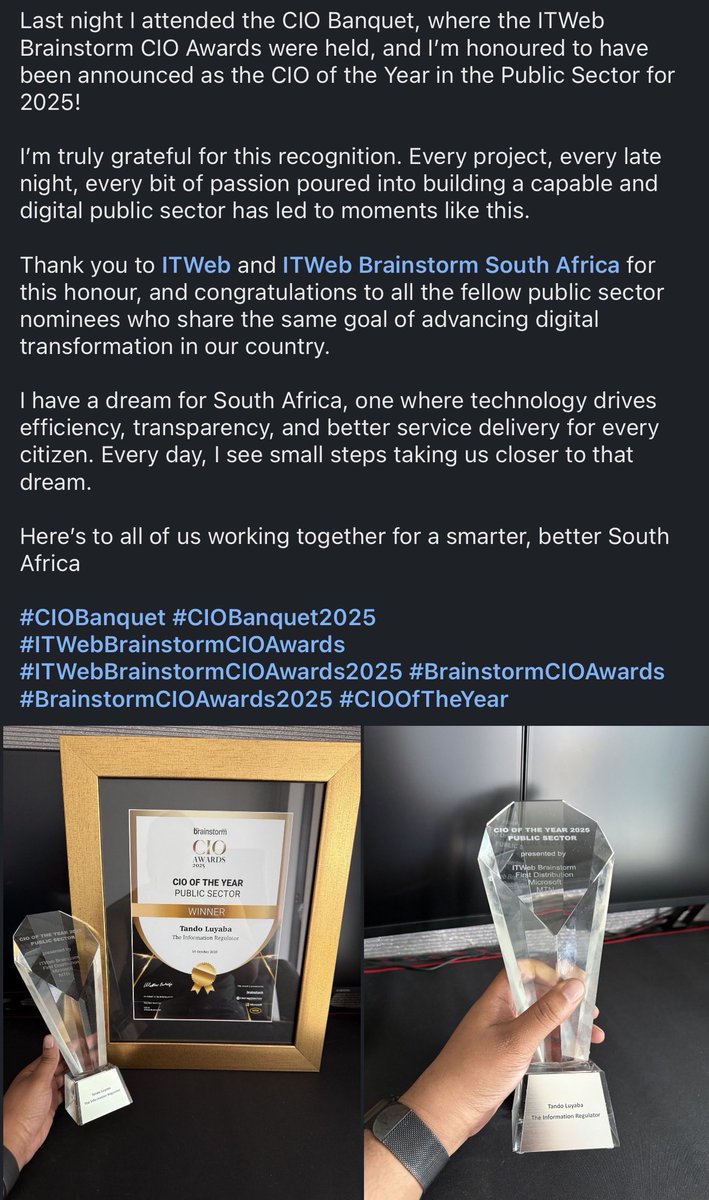 iAmTando's tweet photo. Bringing a bit of LinkedIn energy to X today 😄

Officially the CIO of the Year in the Public Sector! 

Thank you @ITWeb for the recognition 🙏🏾

#CIOBanquet #BrainstormCIOAwards #ITWebBrainstormCIOAwards #CIOOfTheYear https://t.co/bEFu0t1jVP