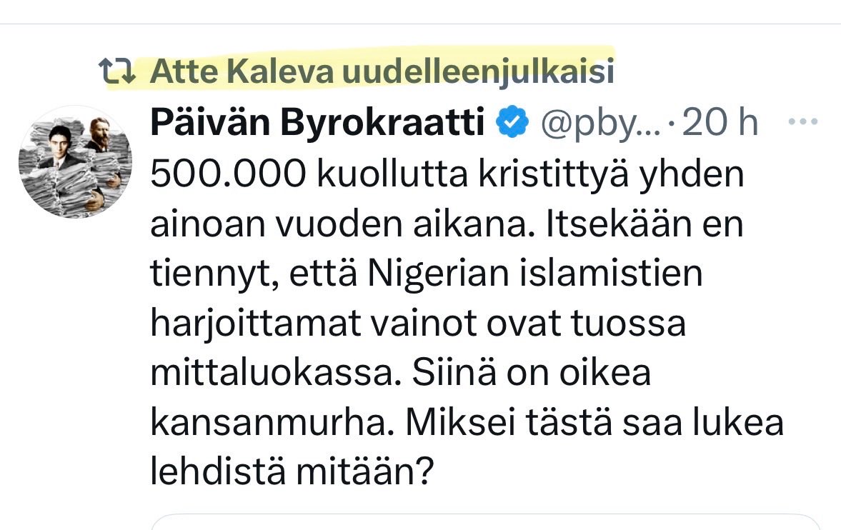Kansanedustajamme <a href="/AtteKaleva/">Atte Kaleva</a> jakaa tällaista disinforoskaa ja Päivän Byrokraattia, joka on täysin epäluotettava lähde. Kansanedustajilla on avustajat ja pääsy parhaaseen tietoon, sekä tuhti maksamamme palkka, joten vaaditaan heiltä faktaa.