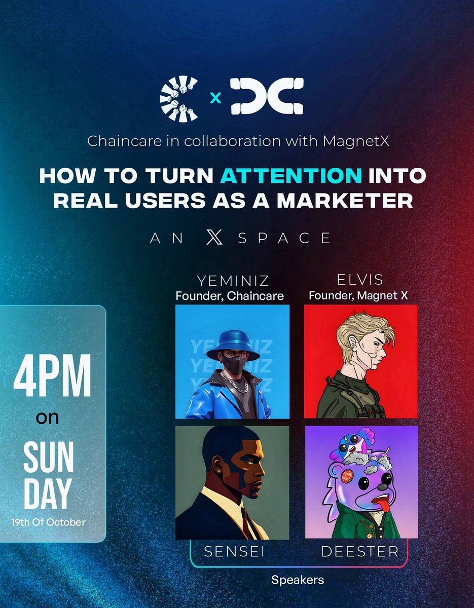 Rise and shine, Magnets 🧲..

This Sunday, we’re teaming up with Chaincare &lt;<a href="/ChaincareC/">ChainCare Community 🤝</a>&gt;, 

a community built on real numbers.. for something 🔥

Let’s talk how to turn attention into real users as a marketer; not the usual clout, but actual growth.

🛑 4PM | Sunday, 19th Oct.