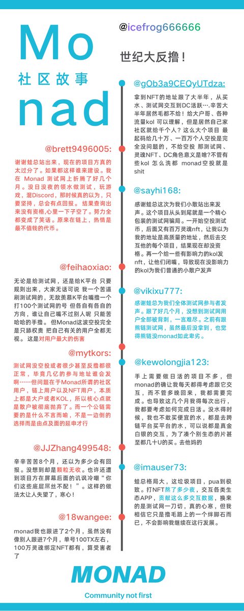 Ice_Frog666666's tweet image. 《致 Monad 团队的公开信：呼吁倾听来自社区的理性声音》

尊敬的Monad 团队@monad ：

Monad本次空投中，测试网用户被集体排除在分配之外。这一情况在社区引发了激烈的争议，也让很多早期用户倍感失望和痛苦。…
