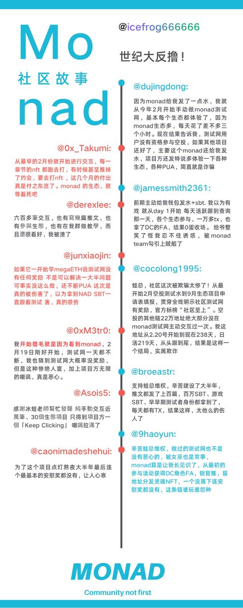 Ice_Frog666666's tweet image. 《致 Monad 团队的公开信：呼吁倾听来自社区的理性声音》

尊敬的Monad 团队@monad ：

Monad本次空投中，测试网用户被集体排除在分配之外。这一情况在社区引发了激烈的争议，也让很多早期用户倍感失望和痛苦。…