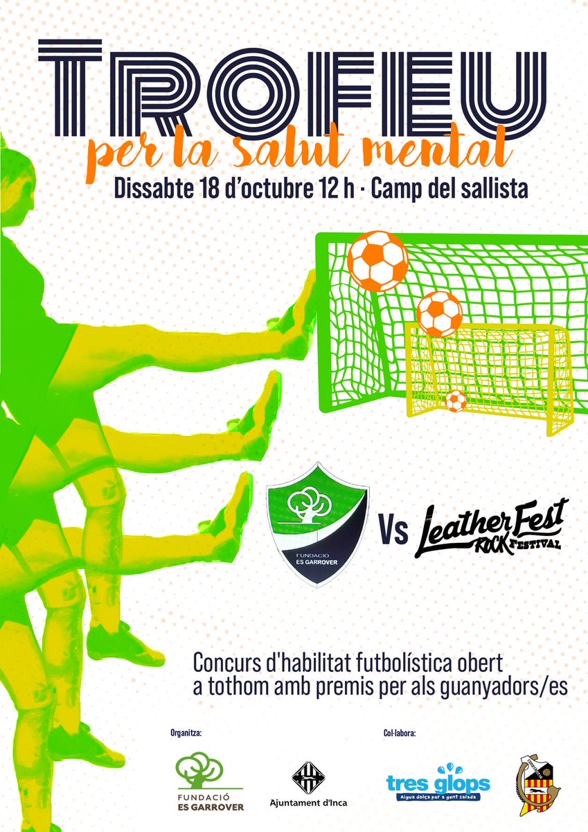 ⚽ Aquest dissabte no només jugam a futbol… jugam per una Inca millor.

A les 12 h al Camp del Sallista celebram el Trofeu per la Salut Mental, una jornada on l’esport es converteix en espai de trobada, convivència i visibilització.

Vine i suma’t a l’equip de la salut mental!