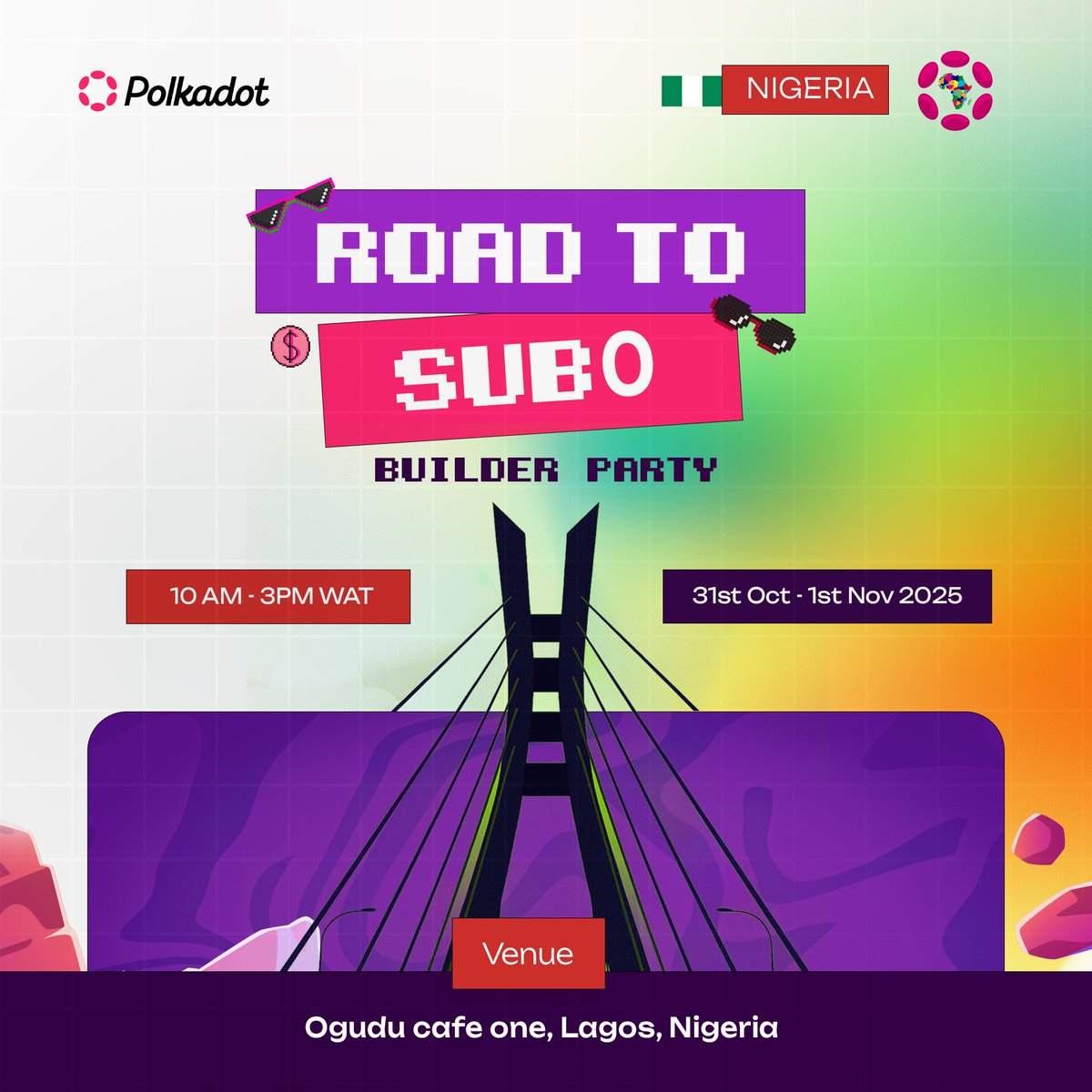 PolkadotAfrica's tweet image. ⚡ The city that never sleeps — we see you👀! 🇳🇬

The Road To Sub0 is coming to Eko for Show! 💥
Join the Builders Party Lagos for two full days of code, education, collaboration &amp;amp; creativity.

📅 Oct 31 &amp;amp; Nov 1, 2025 | 10AM – 3PM 
📍 Café One Ogudu, 123 Ogudu Rd, Ojota, Lagos…