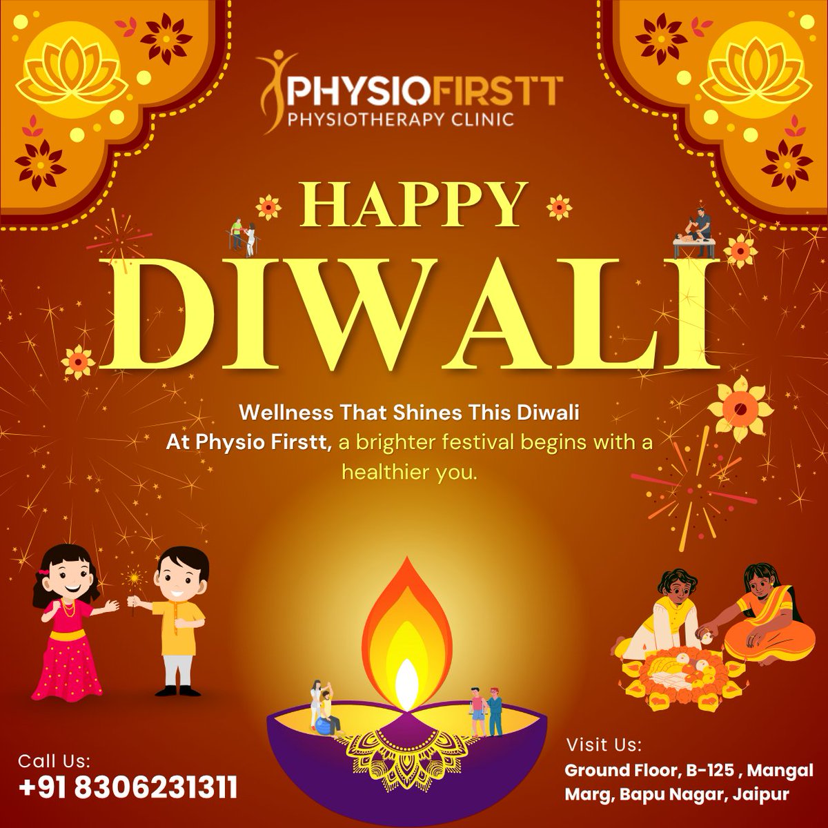 This Diwali, let your health and happiness shine brighter than ever. 🪔

Contact Now!
📞 +91- 8306231311
✉️ physiofirstt@gmail.com
🌎 physiofirstt.com
📍 Bapu Nagar, Jaipur

#PhysioFirstt #Diwali2025 #HealthyDiwali #GlowFromWithin #FestivalOfLights #WellnessFirst