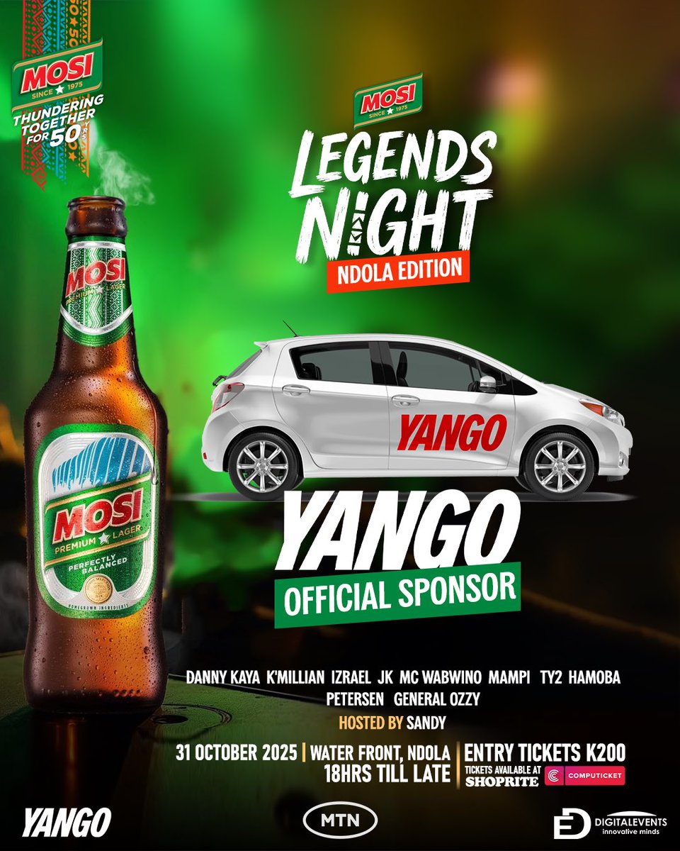 DigitalEventsZM's tweet photo. Ndola, it’s your time! 🍻 Let’s come together for a night of good music, good vibes, and legendary moments. Yango’s got the moves, Mosi’s got the spirit,see you at the Waterfront! https://t.co/r5fhE5cJxD