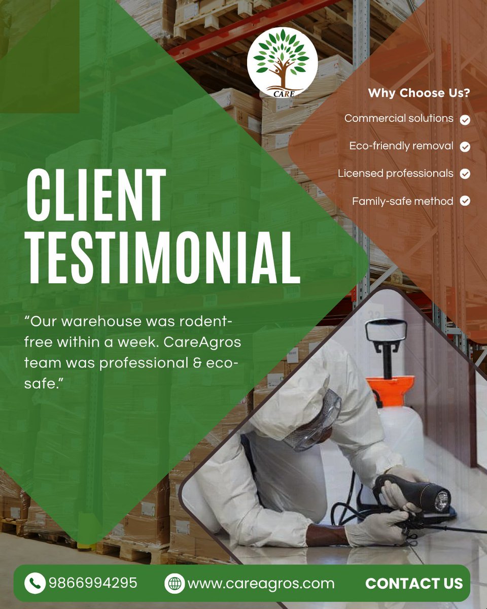 careagros123's tweet image. DM us to secure your facility 🏭
industrial pest control testimonial, warehouse pest prevention, eco pest management

#ClientLove #CareAgros #PestControlSuccess #HappyClients #IndustrialCare #WarehouseSafety #EcoFriendlyPestControl #TrustedService #HyderabadBusinesses