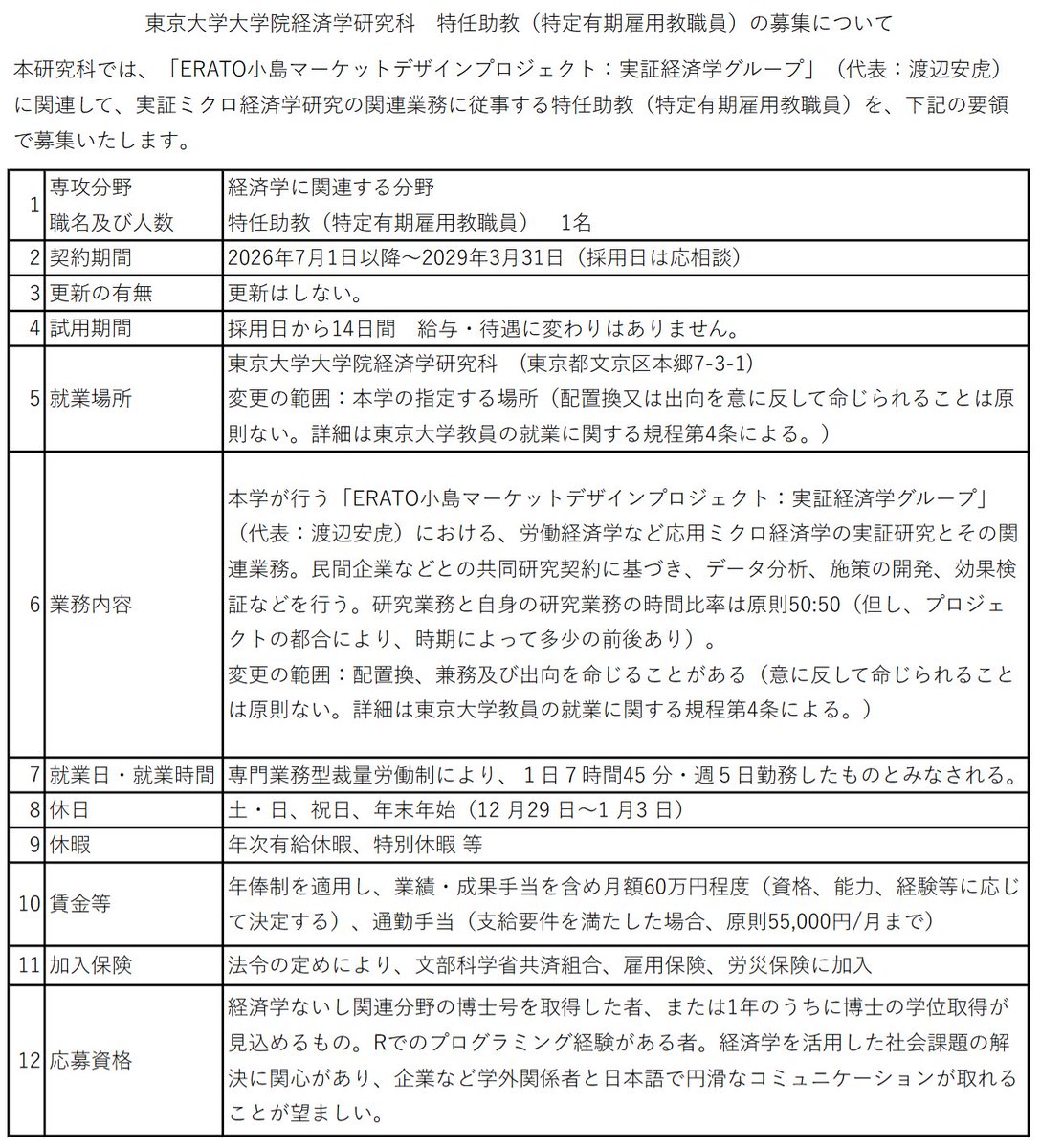 ERATO小島マーケットデザインプロジェクトより、実証経済学グループの特任助教公募のご案内です！