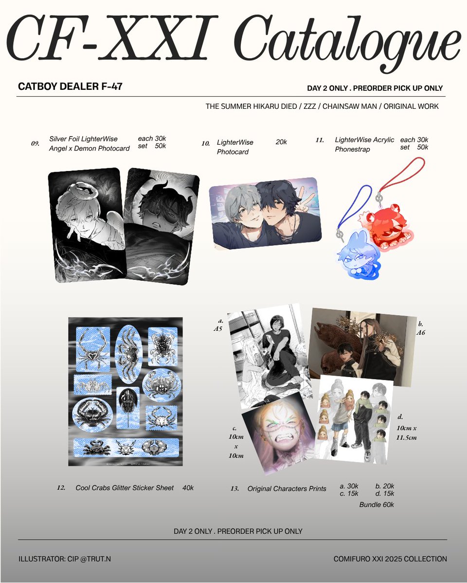 8927ci's tweet photo. Haii🦀my catalogue is here and I'm taking preorders!!

𓇼 ⋆.˚ 𓆉 𓆝 𓆡⋆.˚ 𓇼

📅 PO open until 23 Oct 2025
🦑 Pickup ONLY on DAY 2. No mail order
🍀The Summer Hikaru Died, ZZZ, Chainsaw Man, Originals, OC

𓇼 ⋆.˚ 𓆉 𓆝 𓆡⋆.˚ 𓇼

🔗PO link in replies
#cf21 #cf21catalogue https://t.co/e2L3tYrcoN