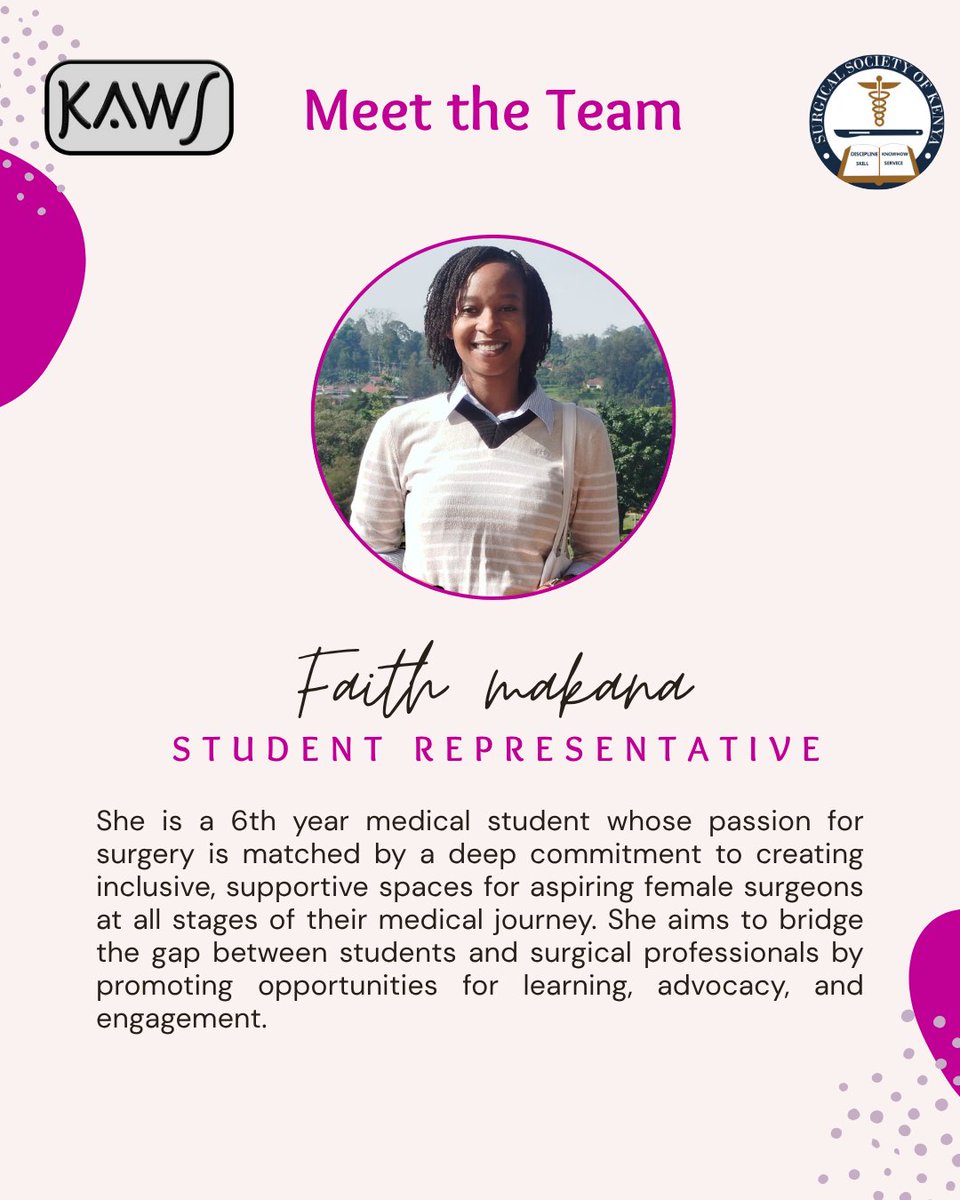 kawsurgeons_KE's tweet photo. Meet our General Surgery,  ENT surgery representatives, Dr Fridah and Dr. Binti 🩷
As well as the Resident and student reps, Dr. Sandra &amp; Faith Makana🥳

#KAWS #womeninsurgery #KAWSurgeons https://t.co/0jjd3nO20s