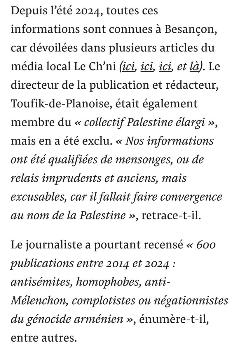 Il était temps, mais ça fait déjà longtemps que <a href="/Toufik2Planoise/">Toufik-de-Planoise</a> du <a href="/Le_Chni_media/">Le Ch'ni</a> a révélé ces informations, qui avaient carrément abouti à l'exclusion de ce journaliste du comité Palestine de Besançon. Les gens de la flottille qui font genre qu'ils savaient pas sont pathétiques