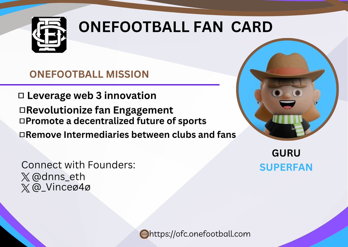 Gm <a href="/Cryptoguru1023/">Guru</a> You are the fan Card bearer, your content have been so helpful to the $OFC community. Keep creating for us😁

The OneFootball ecosystem seeks to drive unity among all the football fans regardless of your club be part of the first onchain fandom.
#OFC is coming