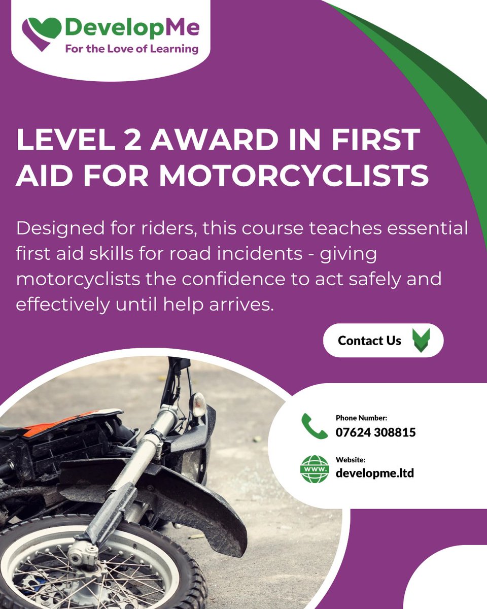 developmeltd's tweet image. 🏍️ LEVEL 2 AWARD IN FIRST AID FOR MOTORCYCLISTS 🏍️
✅ Duration: 1 day (6 contact hours with ongoing assessment)
✅ Validity: 3 years
🔗 Learn more via the link in our bio!
#FirstAid #Motorcycle #DevelopMe