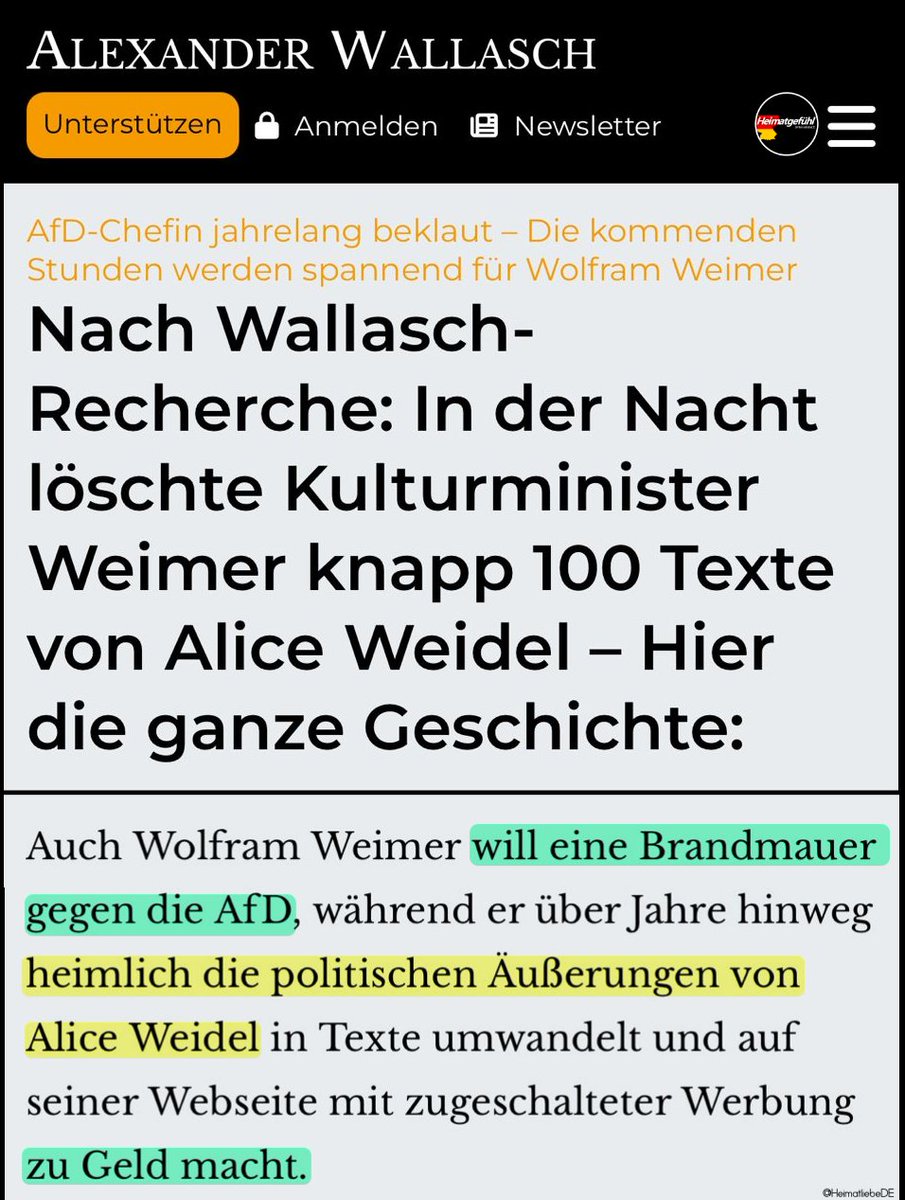 BRISANT! 

Die Doppelmoral von Kulturminister Weimer:
„Wir sind die Brandmauer“, aber sich heimlich und hinterhältig an Weidels Worten bedienen und damit Geld verdienen.

So grotesk, dass man es sich nicht mal ausdenken könnte.