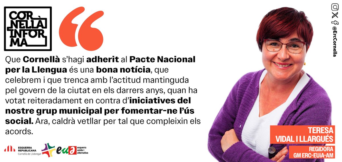 📢[OPINIÓ]

Article 📰 d'octubre al #CornellàInforma "CORNELLÀ AMB EL PACTE NACIONAL PER LA LLENGUA".

🗣"El PSC fa anys que actua amb deixadesa. El Pacte Nacional per la Llengua ens dona i una direcció però cal voluntat i valentia per aplicar-lo."

locals.esquerra.cat/cornella/opini…