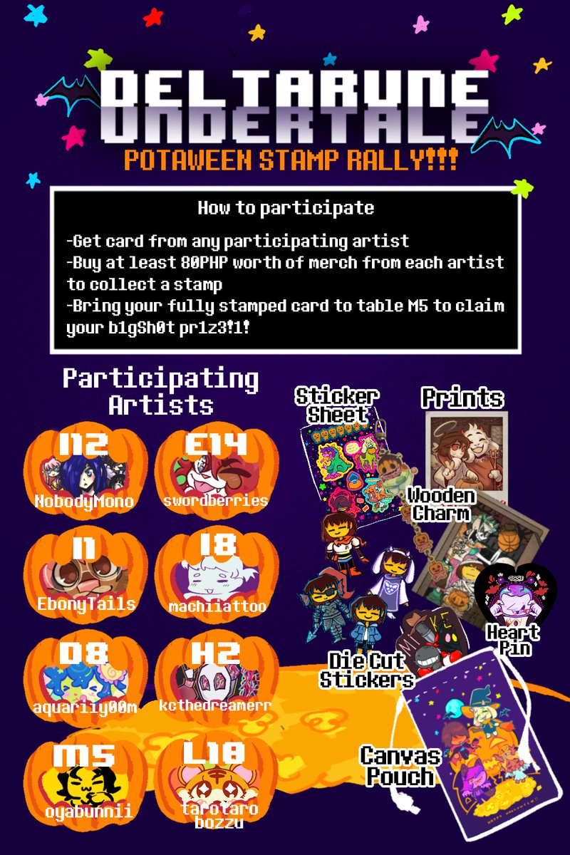 Come and celebrate Halloween with the spoopiest stamp rally! Me and some cool guys(TM) are giving away some Halloween themed deltarune/undertale goodies that you don’t wanna miss out on!

#Potaween #Potaween2025