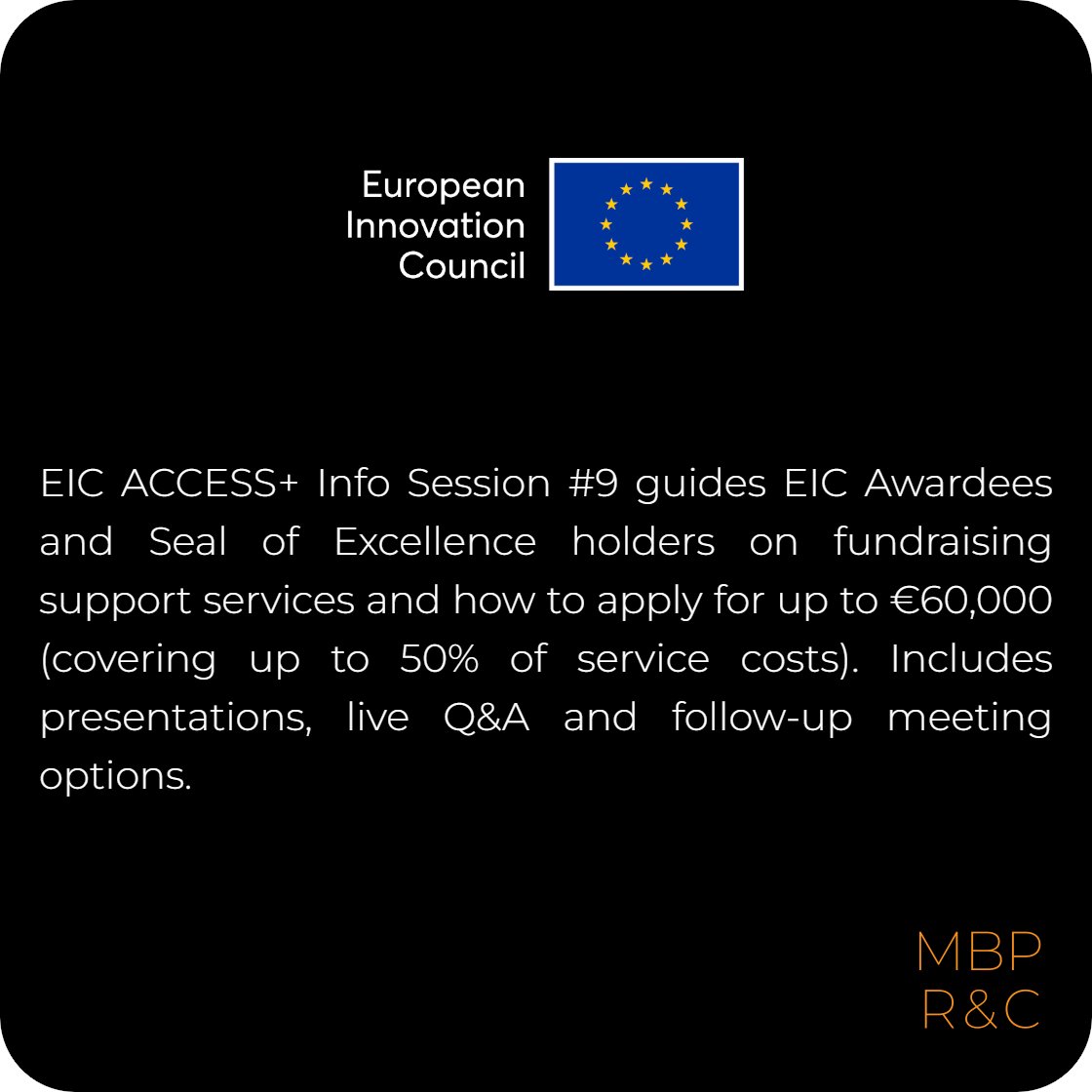 📢 <a href="/EUeic/">European Innovation Council</a> Grant awardees &amp; Seal of Excellence holders—learn how to access up to €60K in fundraising support through EIC ACCESS+
📅22 Oct 2025⏰15:00 CEST
🔗 rxn.mbp-rnc.com/25afw?utm_sour…
🏷️ Register for the session or tag a colleague
#InfoSession #FundingOpportunity  #Webinar