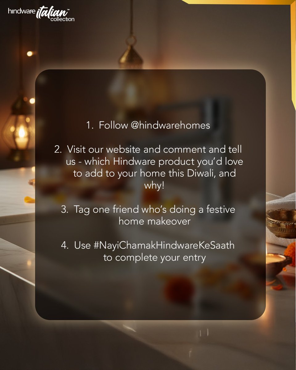 Hindware_India's tweet image. 1. Follow @hindwarehomes
2. Visit our website and comment and tell us - which Hindware product you'd love to add to your home this Diwali, and why?
3. Tag one friend who's doing a festive home makeover
4. Use the hashtag #NayiChamakHindwareKeSaath to complete your entry