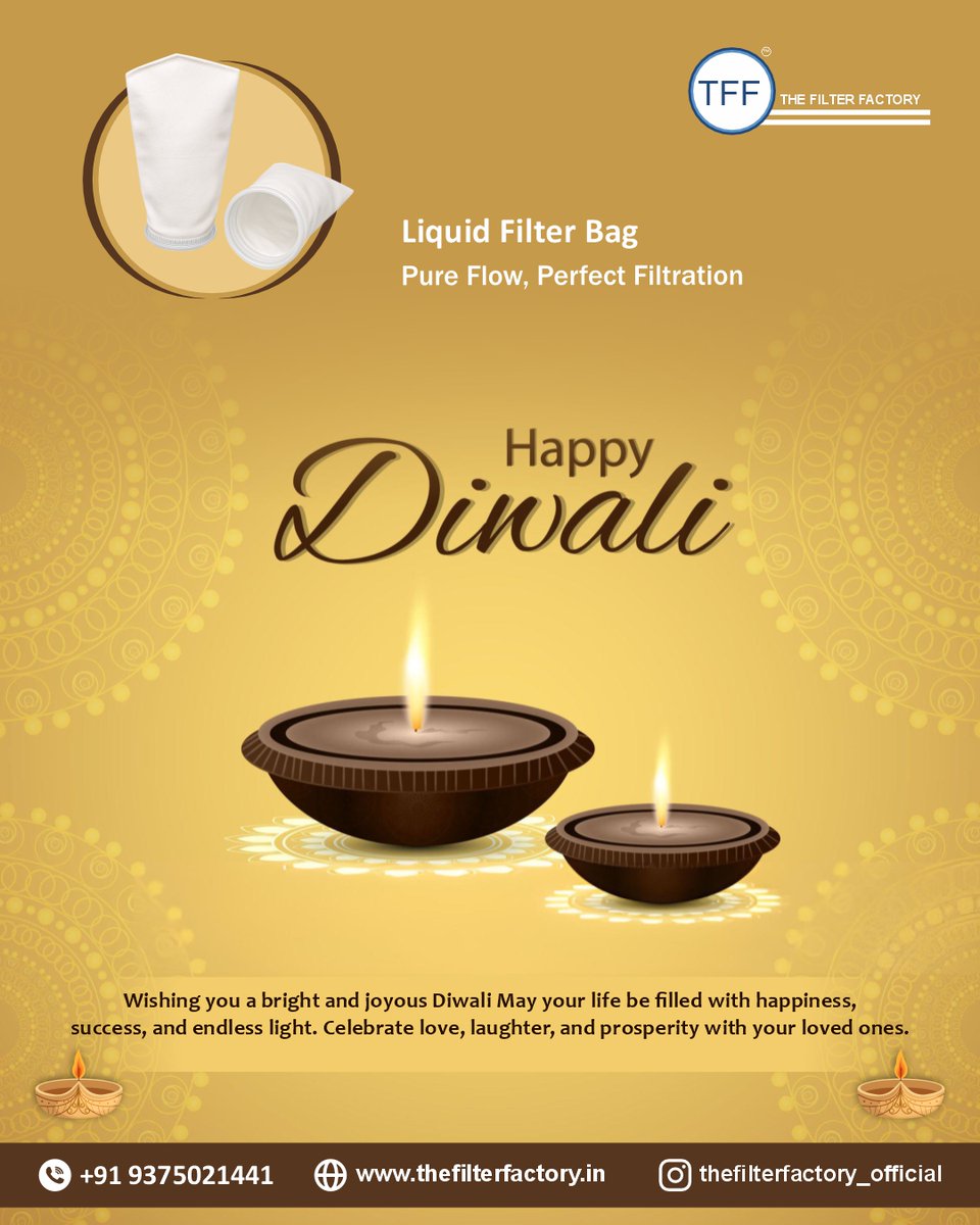 FilterFactoryIN's tweet image. ✨ Happy Diwali! ✨

May the festival of lights bring brightness, prosperity &amp;amp; innovation to your life.

At The Filter Factory,we ensure Pure Flow,Perfect Filtration with our Liquid Filter Bags. 💧

📞 +91 93750 21441
🌐 thefilterfactory.in

#HappyDiwali #TheFilterFactory