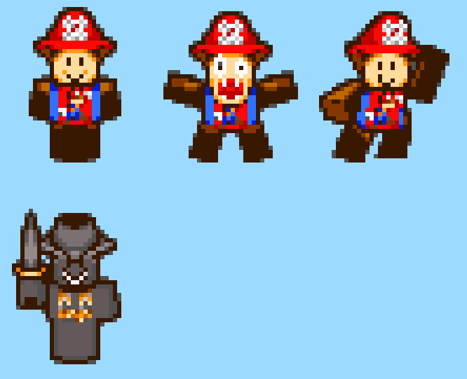 PlanetRobo's tweet image. Unused sprites for two characters named &quot;Blockland Mario&quot; and &quot;Blockland Killer&quot;, seem to be for an extra miniboss found in Chucklehuck Woods. It is unknown why they were scrapped or why they went unused.

#roblox #themaskedkiller