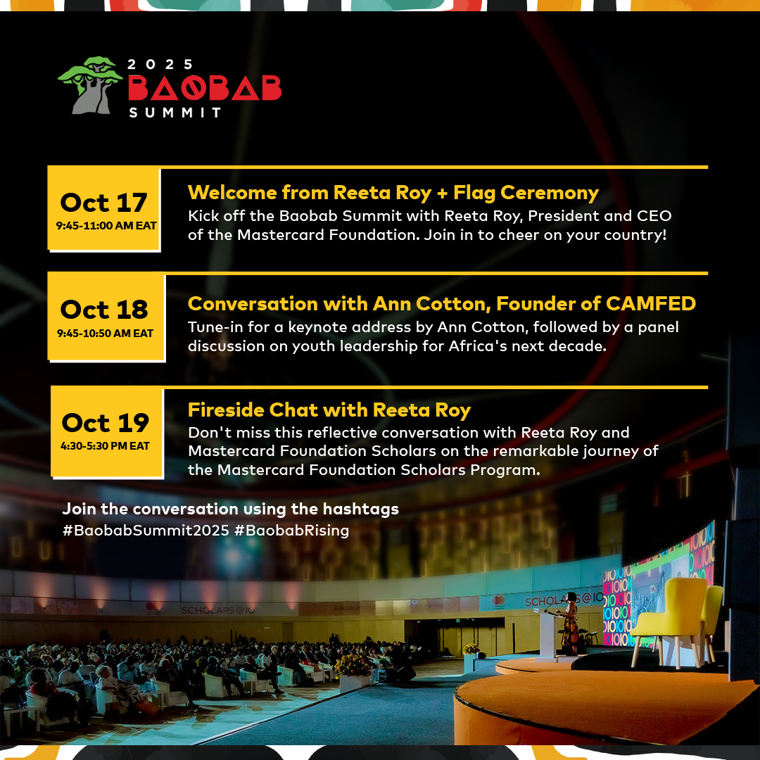 MCFMakerere's tweet photo. The wait is over! The #BaobabSummit2025 is happening now. Join us online as we celebrate youth leadership, innovation and impact across Africa. Watch it LIVE, here:https://t.co/Px6ALefRuA https://t.co/lxsH8QpsBH