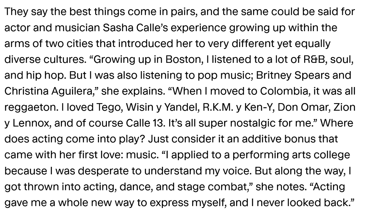 sashacsource's tweet image. 💬 @SashaCalle speaks about music

"Growing up, I listened to a lot of R&amp;amp;B, soul and hip hop. But also pop music; Britney Spears, Christina Aguilera. When I moved to Colombia it was all reggaeton. I loved Tego, Wisin y Yandel, RKM y Ken-Y, Don Omar, Zion y Lennox, Calle 13."