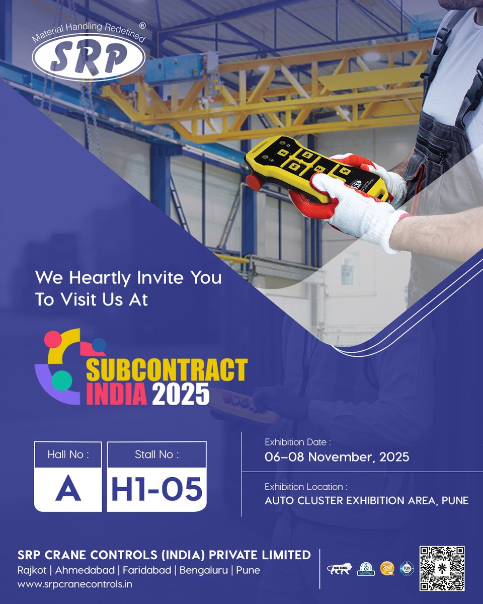 SrpPvt's tweet image. We’re heading to #SubcontractIndia2025 in Pune!
Catch SRP Crane Controls at Hall A | Stall H1-05 from Nov 6–8 and see how we’re redefining material handling with precision and power. 💡
#SRPCraneControls