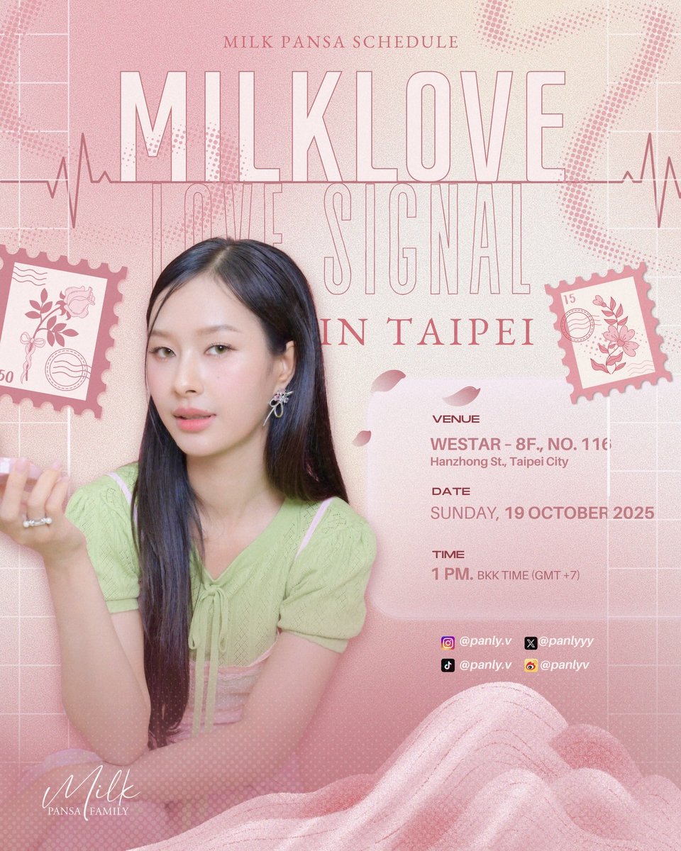 Milk's Schedule 💚👽🐈‍⬛

#MilkPansa #mimiv
#มิ้ลค์พรรษา 
#MilkLove #มิ้ลค์เลิฟ

✨ MilkLove : LOVE SIGNAL In Taipei
🗓️ 19 October 2025
🕰️ 01.00 PM (BKK Time)
📌 Westar – 8F., No. 116, Hanzhong St., Taipei City