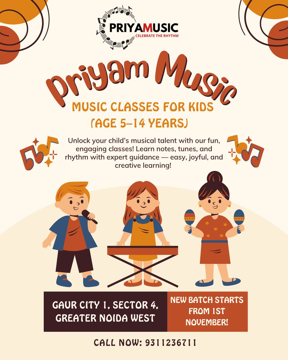 itspriyammusic's tweet photo. Let your child explore the joy of music with Priyam Music Classes! 🎶Fun-filled learning for ages 5–14 — singing, rhythm, and instruments.

#priyammusic #musicclass #kidsmusic #greaternoida #kidstalent #musiclearning #funwithmusic #singingclass #keyboardclass #musicforkids https://t.co/vJ1OECoEsb