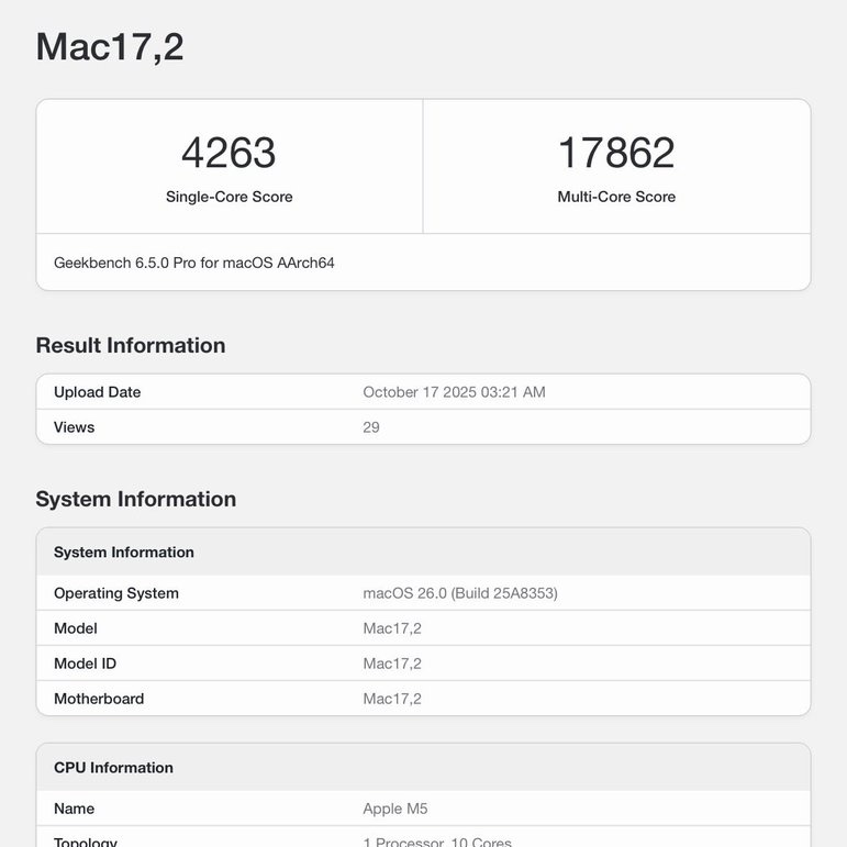 Apple 10C M5 benchmarks are out and….

This is the FASTEST single-core score EVER on any consumer device.

It also scores around the same in Multicore as the M1 Ultra, and only 1000 points lower than the M3 Max.

This is absolutely insane progression. All without pushing 5+ GHz