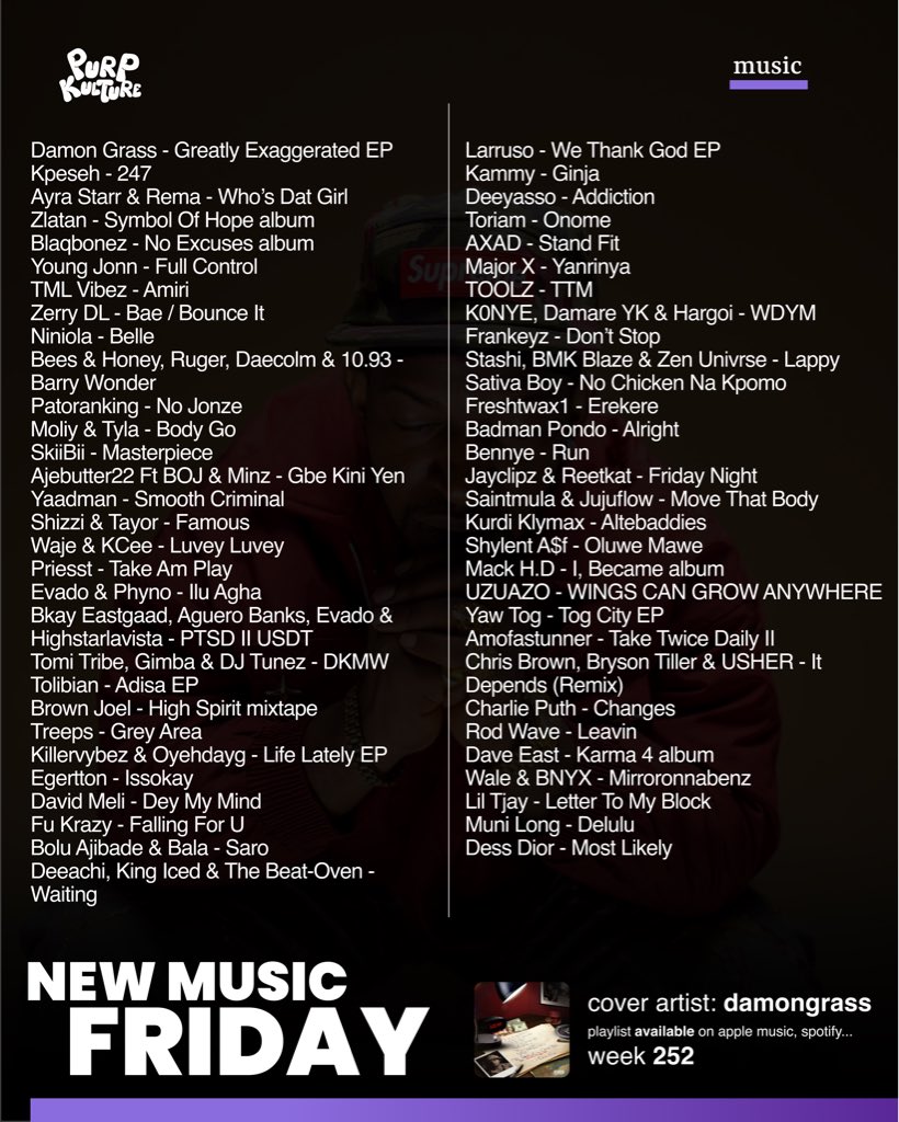 New Music Friday 💜
🔗: push.fm/fl/nmfpurpkult…

Cover - @damongrxss

Damon Grass - Greatly Exaggerated EP
Kpeseh Ft Jeriq - 247 (Hustle)
Ayra Starr &amp; Rema - Who’s Dat Girl
Zlatan - Symbol Of Hope album  
Blaqbonez - No Excuses album 
Young Jonn - Full Control
Shoday &amp; Kizz