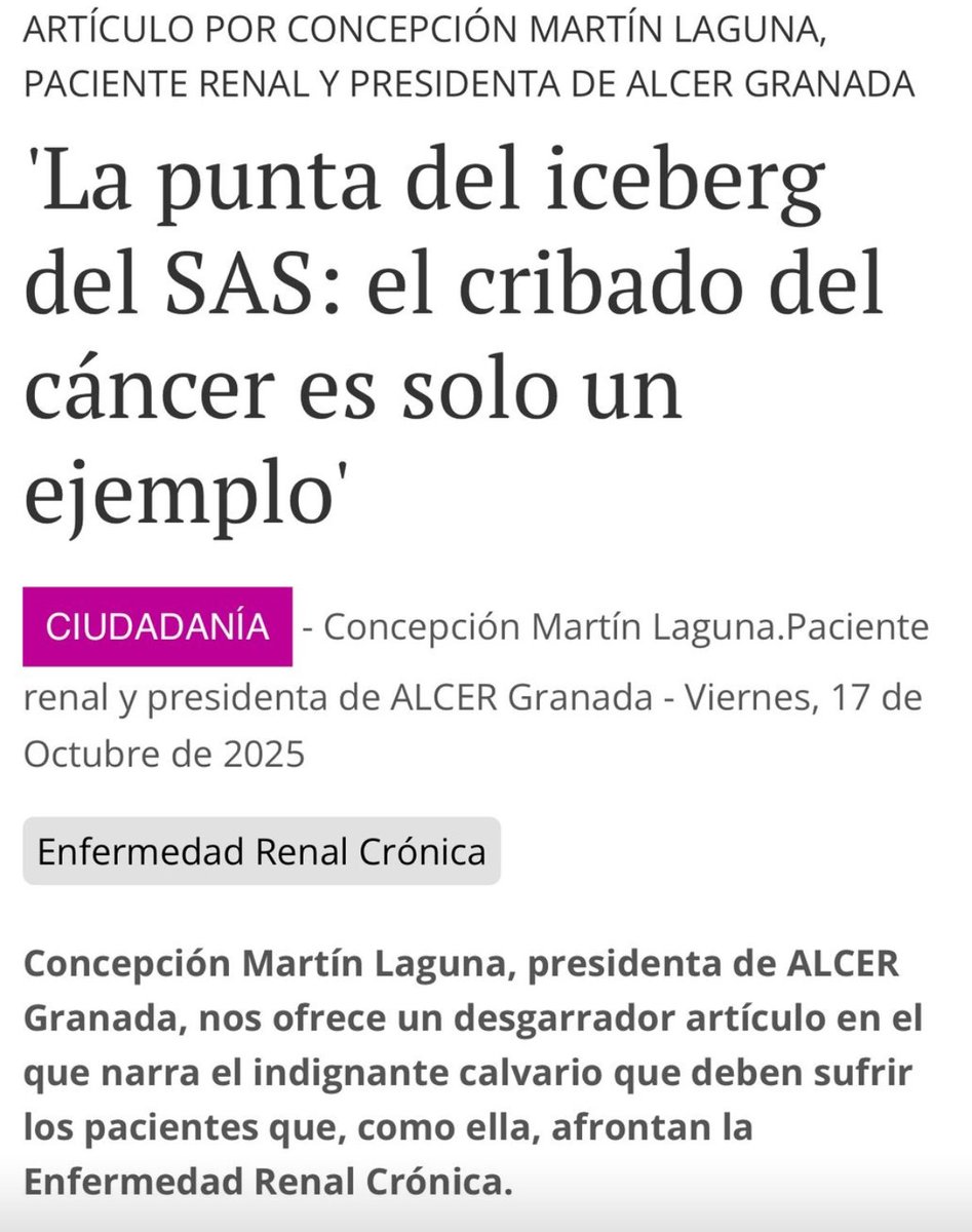 📣“El #SAS nos ha abandonado”

Estremecedor el testimonio de la presidenta de <a href="/ALCER_granada/">ALCERgranada</a> 

🔻“En 2018, en 15 días ve vio un nefrólogo”
🔻“Hoy, 15 días para llegar al médico de familia y 8 meses para el especialista”

Gracias <a href="/IndeGranada/">El Independiente de Granada</a> por contarlo

elindependientedegranada.es/ciudadania/pun…