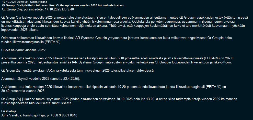 AcumenFutures's tweet image. Qt Group : Sisäpiiritieto, tulosvaroitus: Qt Group laskee vuoden 2025 tulosohjeistustaan