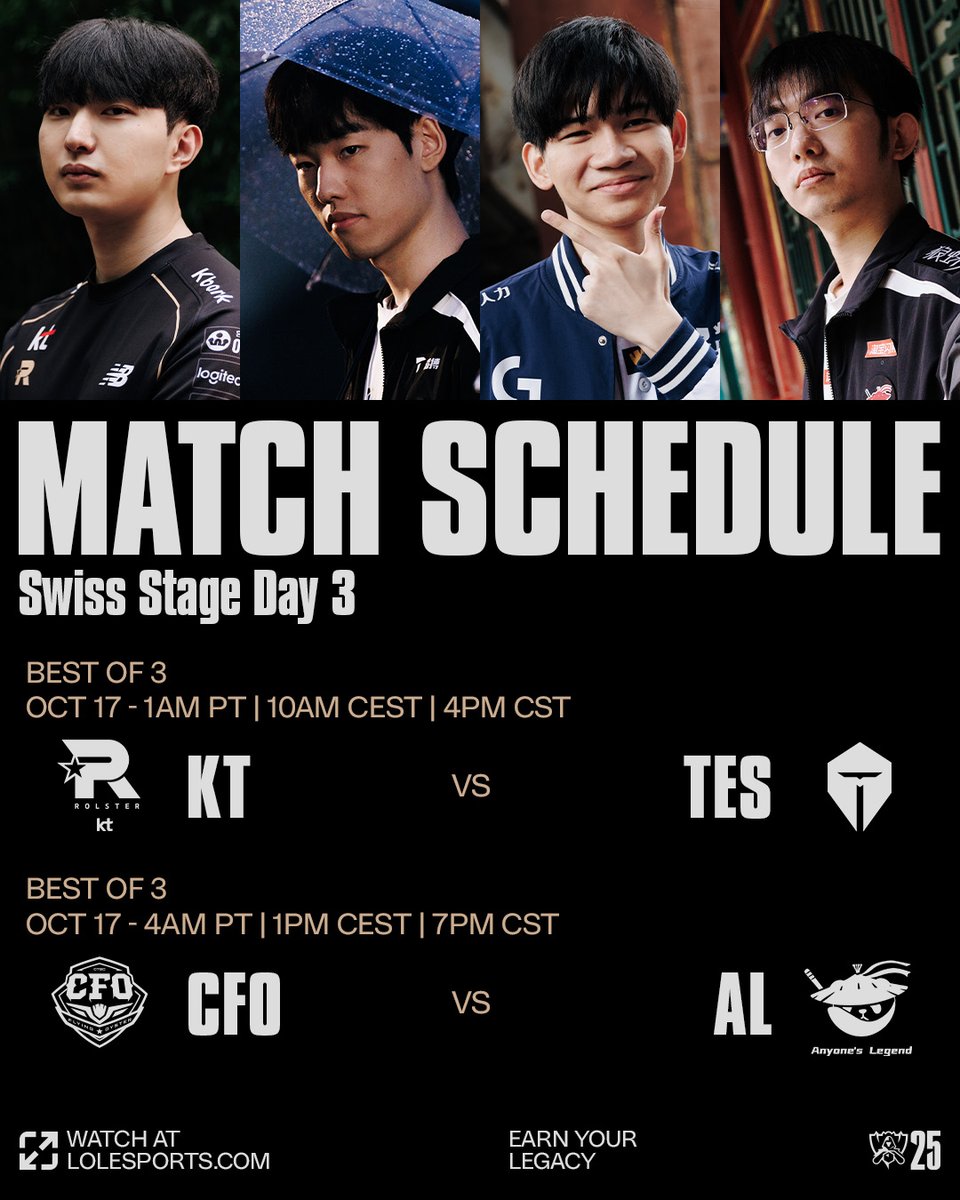 strafeapp's tweet photo. Today’s 2025 World Championship Swiss Stage – Day 3 is all set for some high-stakes action! 

Both matchups will be Best of 3:
→ @KTRolster_tw 🆚 @TOP_Esports_ 
→ @CTBC_cfo  🆚 @AnyonesLegend

Who will make it through to the Knockout Stage? 🏆

#Worlds2025 #LoL #Esports #KTvsTES #CFOvsAL