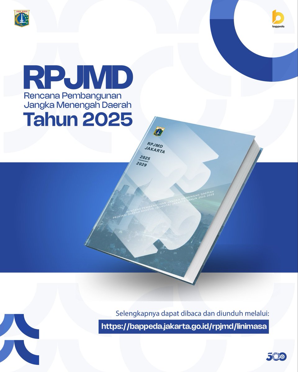 📢 Dokumen RPJMD Jakarta Tahun 2025–2029 resmi diterbitkan sesuai Peraturan Daerah Nomor 2 Tahun 2025.

Unduh dan baca selengkapnya di:
👉 bappeda.jakarta.go.id/rpjmd/linimasa