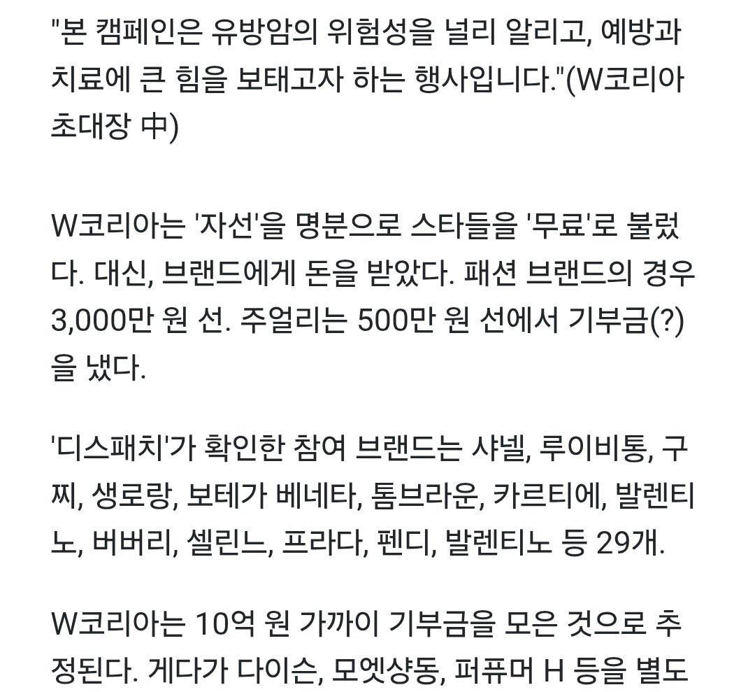 seokjinbit's tweet image. “W Korea invited stars for free, citing charity as the reason. In return, they charged brands, fashion brands paid around 30 million won and jewelry brands paid around 5 million won as a donation”

brands include Celine, Cartier, Louis Vuitton, Chanel, Gucci, Saint Laurent etc