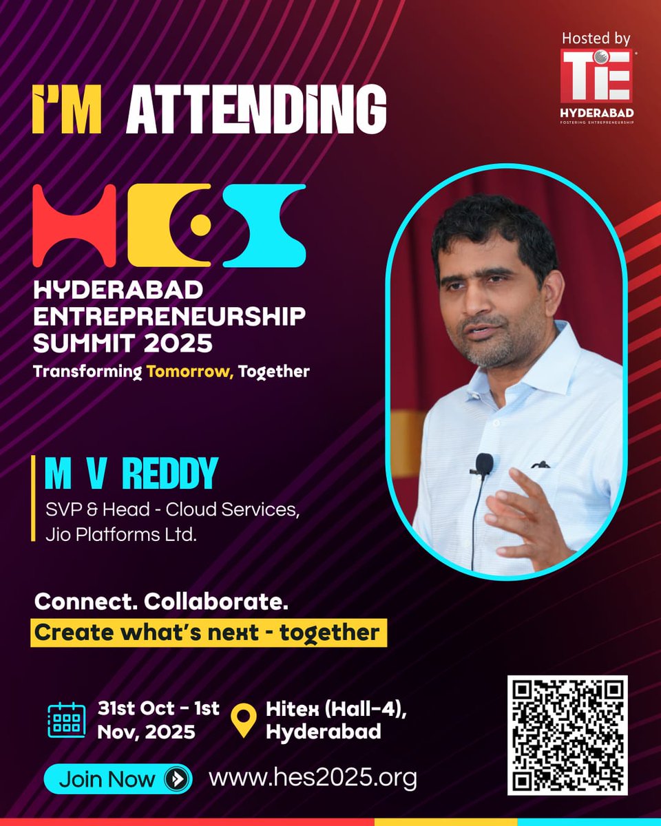 Eagerly looking forward to the Hyderabad Entrepreneurship Summit 2025 by <a href="/TiEHyderabad/">TiE Hyderabad</a>. 

Hope to see all the founders and investors there. 

Register at: hes2025.org

#TiEHyderabad #HES2025 #StartupEcosystem #Innovation #Entrepreneurship