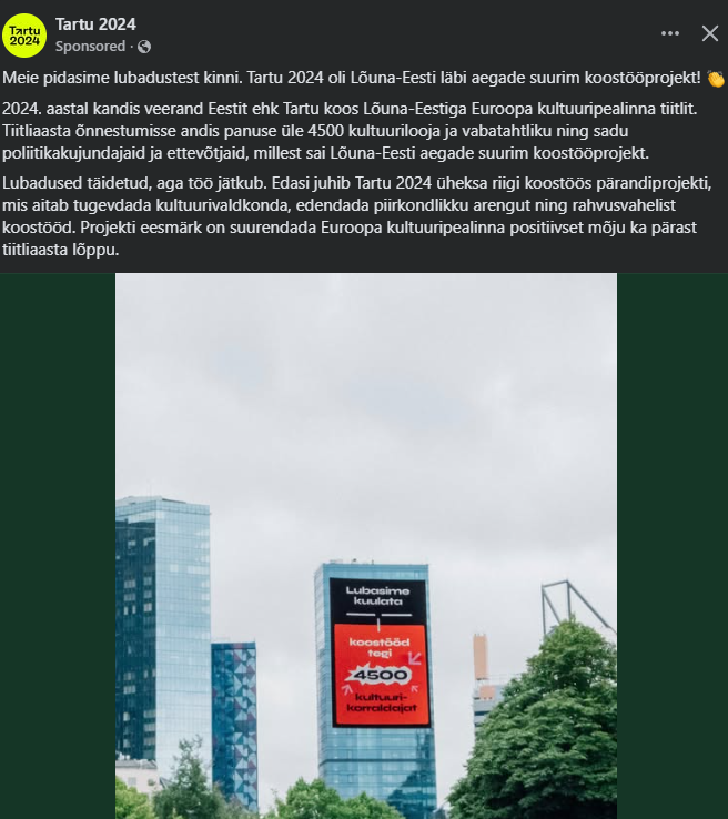 Raha on, et mainekujunduskampaaniat teha. Raha on, et Zukerburgerile anda, kultuur elab!🤗

Aga isegi enesekiitusreklaamis on kasutatud Tallinna tausta ning reklaami disainijal oli see vist esimene päev tööl😁🔎