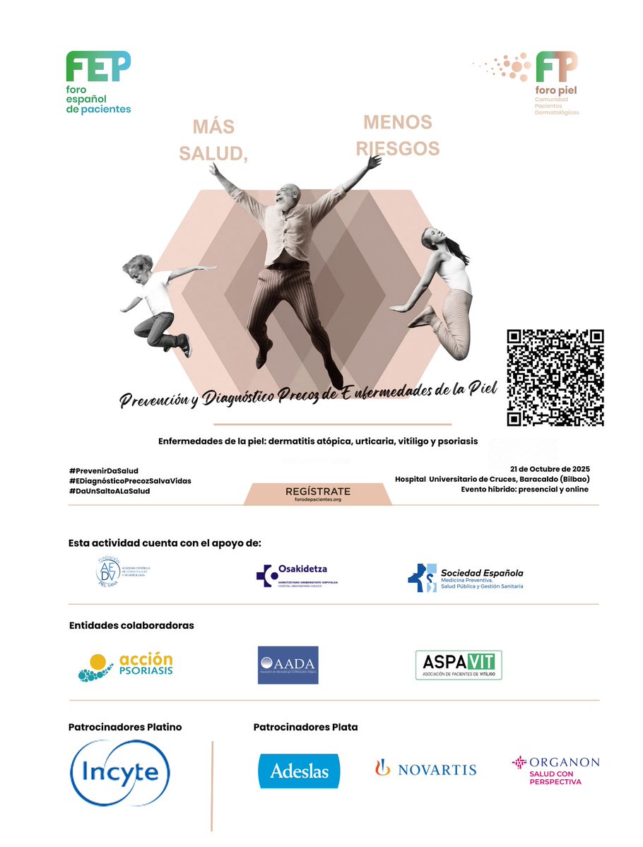 📢 ¡No te pierdas el evento *“Más salud, menos riesgos: prevención y diagnóstico precoz de las enfermedades de la piel”! 🩺
Aprende, comparte y conecta con asociaciones y expertos.
🗓️ 21/10 – 09:30h | Híbrido Online y presencial
🔗 Inscríbete: forodepacientes.org/eventos/mas-sa…
 #ForoPiel