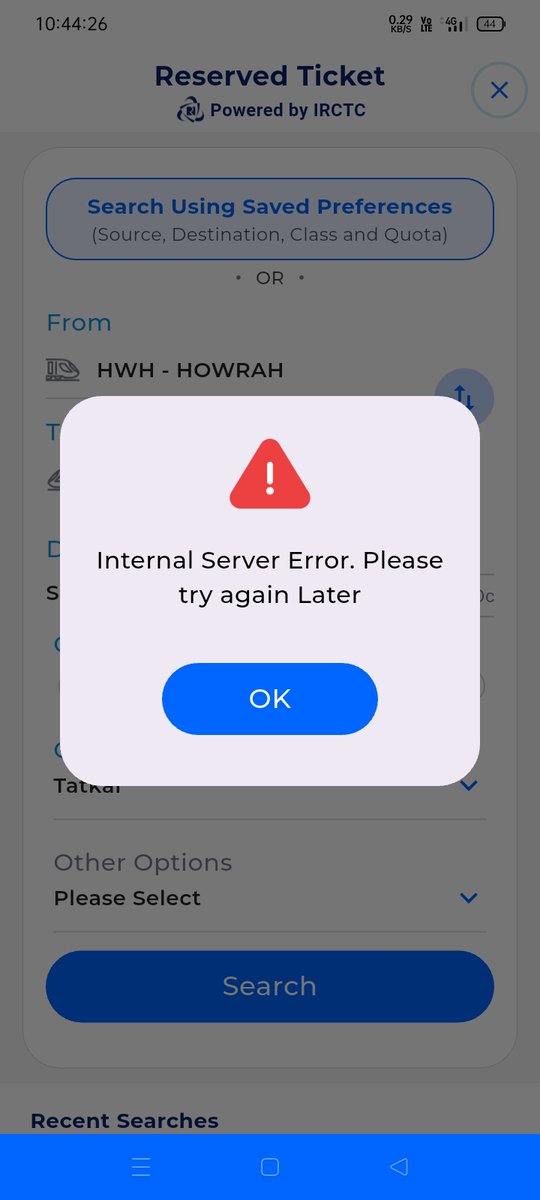 wing2rah's tweet photo. @AshwiniVaishnaw 
Sir , first try to solve this problem. 40 minutes internal server error during tatkal.

Server error ❌ seat fill up ✅ https://t.co/Qtn8ldIBGD