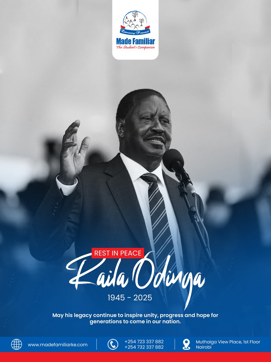 Madefamiliar's tweet photo. Celebrating the life and enduring influence of Hon. Raila Odinga. His passionate advocacy for justice and democratic ideals resonated deeply and will continue to be a beacon for future generations. May his vision for a better society live on.
#kenya🇰🇪 #statesman #railaodinga https://t.co/hphfOJdenr